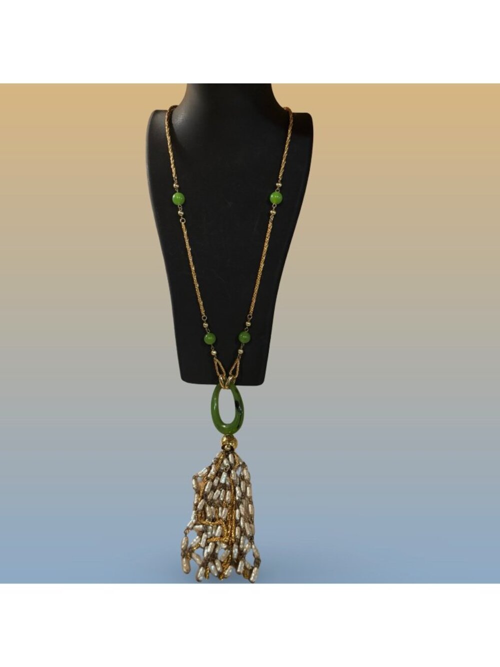 Long Goldtone Chain Necklace Green Beads & Faux Pearls Tassel & Oval Centerpiece
